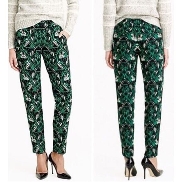 J. Crew Retro Floral Tuxedo Pants Green & Black Pull on High Waist Size 4 - Picture 1 of 9